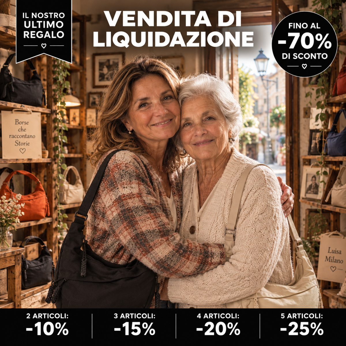 Luisa Milano — vendita di liquidazione, borse